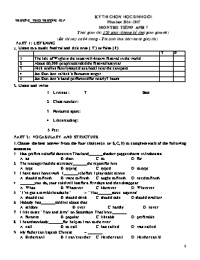 Đề thi chọn học sinh giỏi Tiếng anh lớp 7 - Năm học 2015-2016 - Phòng GD & ĐT Hà Thanh